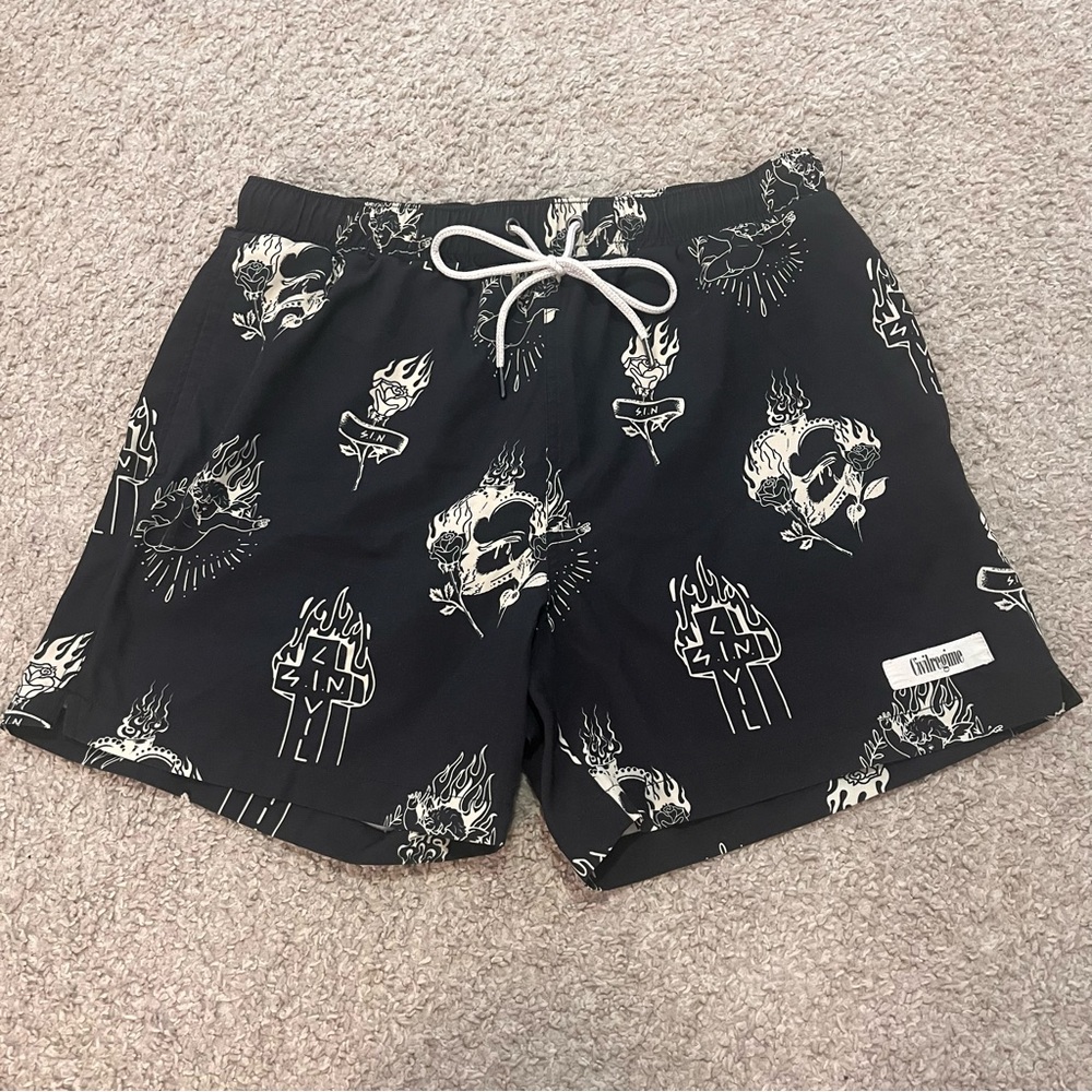 Civil Regime - Black Swim Shorts with Graphic Print -M Lined